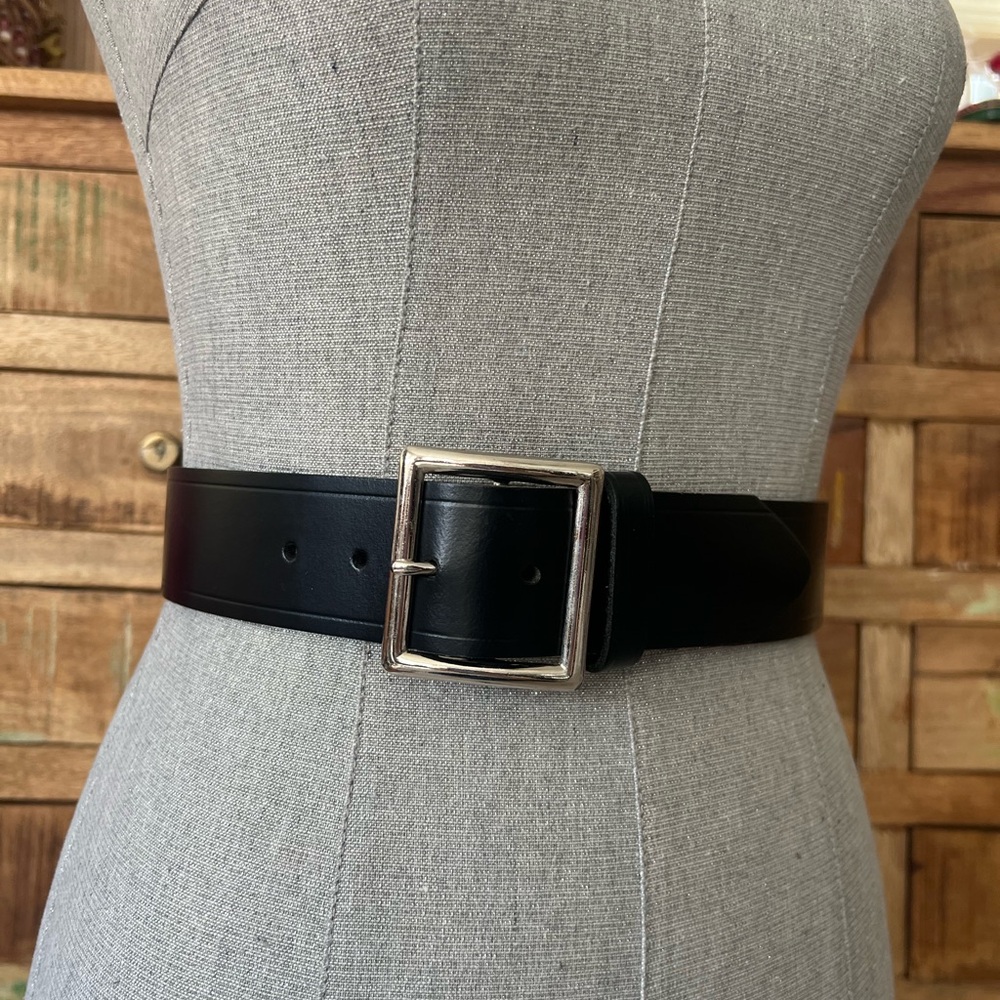 Mens Task Force Black Leather Belt with Silver Buckle
